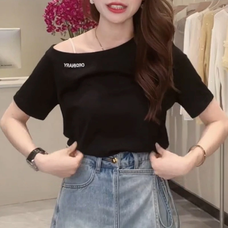 夏季简约斜肩字母显瘦时尚纯色显瘦百搭T恤LK2503281