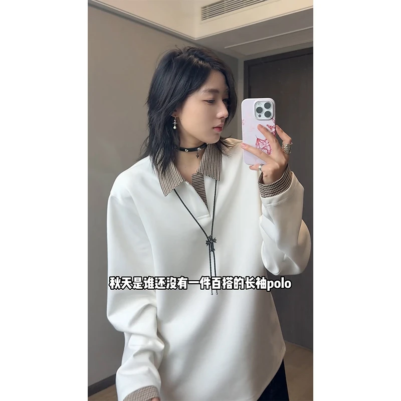 千鸟格拼接polo领长袖卫衣男女秋季cleanfit老钱风内搭打底衫卫衣