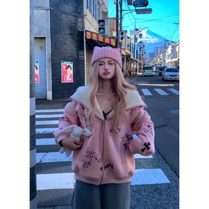 冬季新款甜美风温柔软糯卡通印花拉链长袖外套女保暖舒适粉色上衣