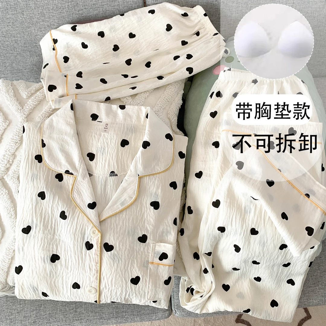 【链接有胸垫版可选】日系爱心云朵棉睡衣女短袖短裤三件套甜美套装