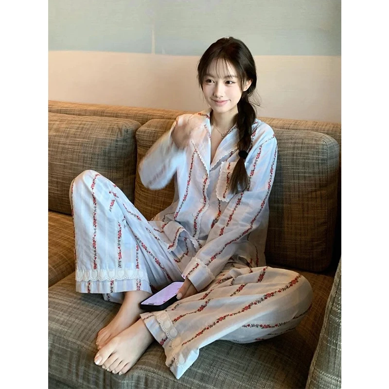ins风小清新甜美碎花长袖睡衣少女春秋款大码宽松舒适家居服套装