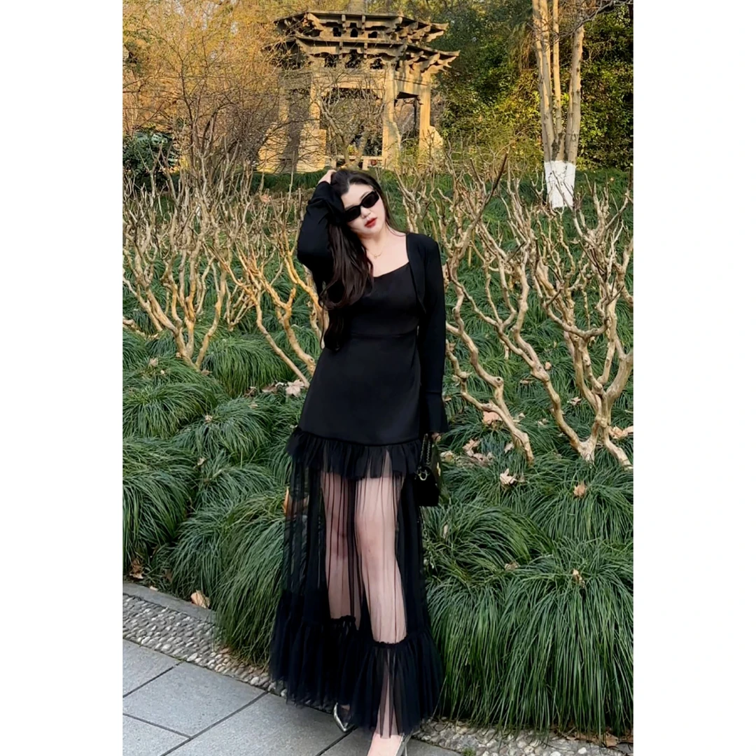 现货【小稳专属】微胖大码春夏气质吊带网纱裙+针织开衫两件套5028