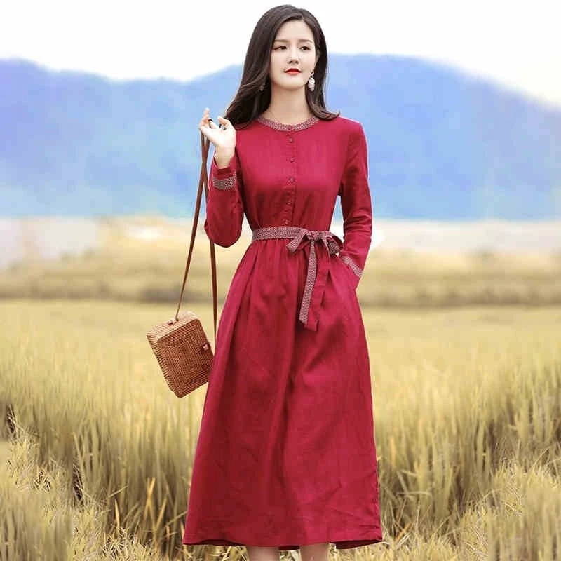文艺高端棉麻长袖连衣裙女秋季气质显瘦系带休闲亚麻A字中长裙子
