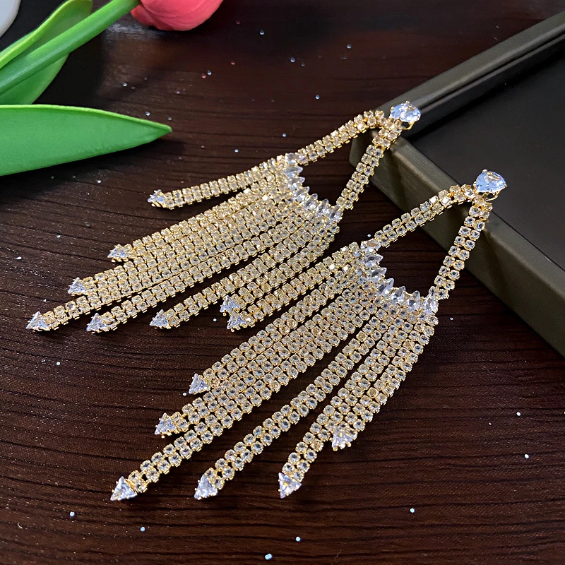 黄铜锆石耳饰 Z轻奢超闪锆石流苏耳环气质高级聚会礼服造型耳环