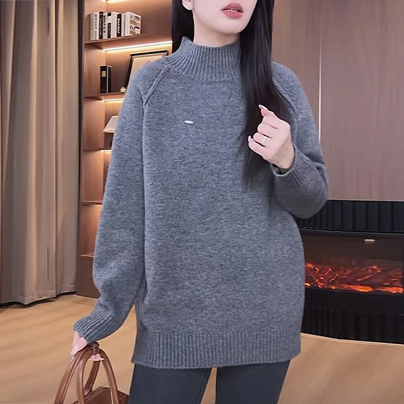 灰色高领毛衣女2025秋冬新款慵懒风软糯宽松显瘦中长款针织衫上衣