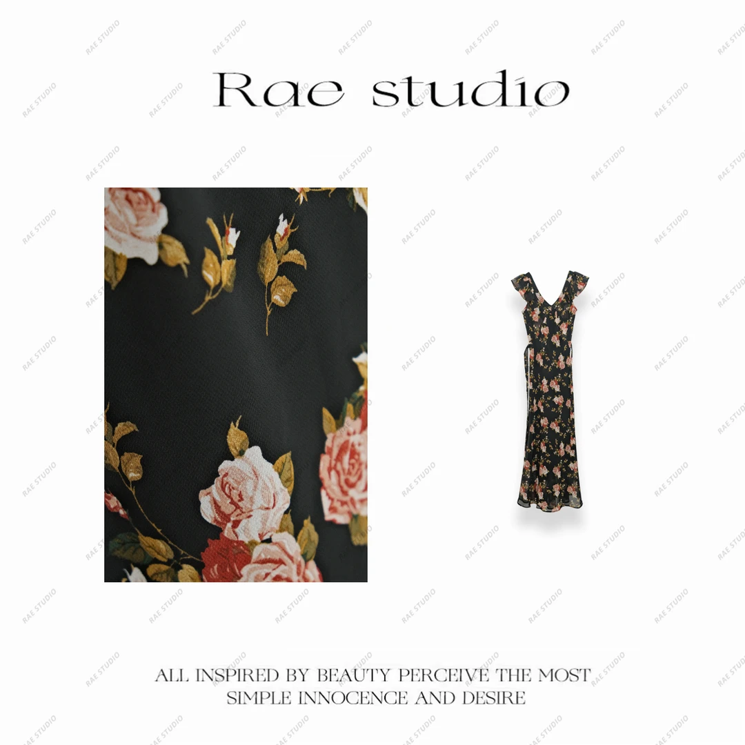 【Rae】小众设计感无袖修身显瘦收腰碎花前后两穿连衣裙 r495