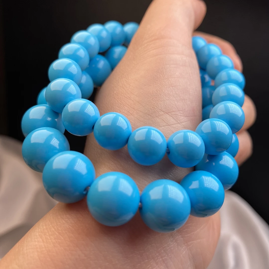 时尚手工DIY首饰纯湖北原矿石打磨蓝色圆珠手串①