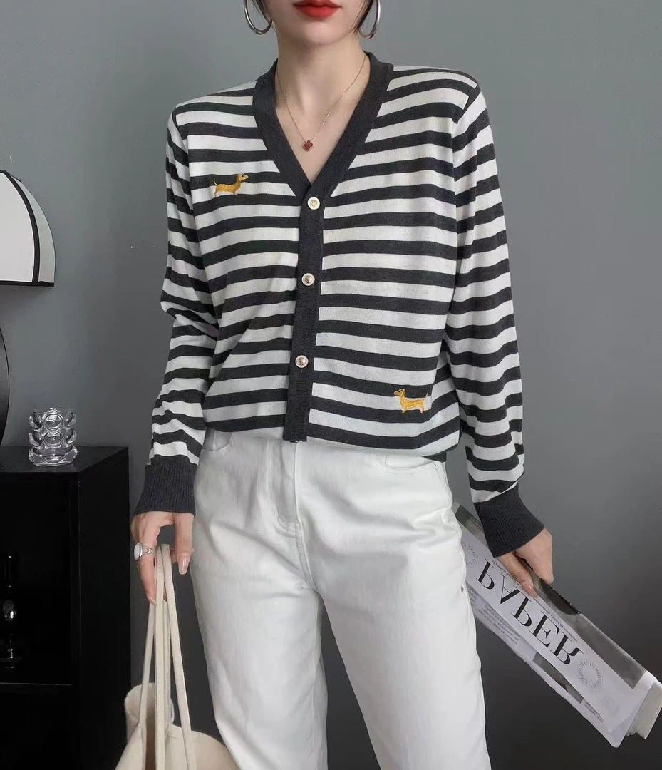 207薄款长袖毛针织衫衬衫袖条纹女常规款