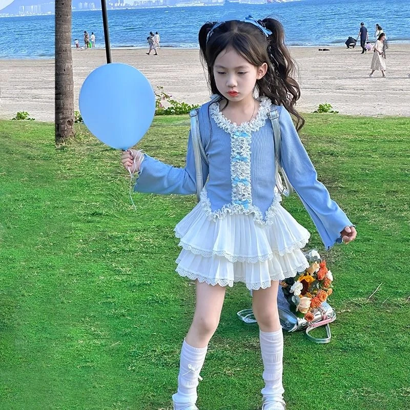 女童套装春夏款洋气小女孩长袖打底衫百褶花边短裙两件套