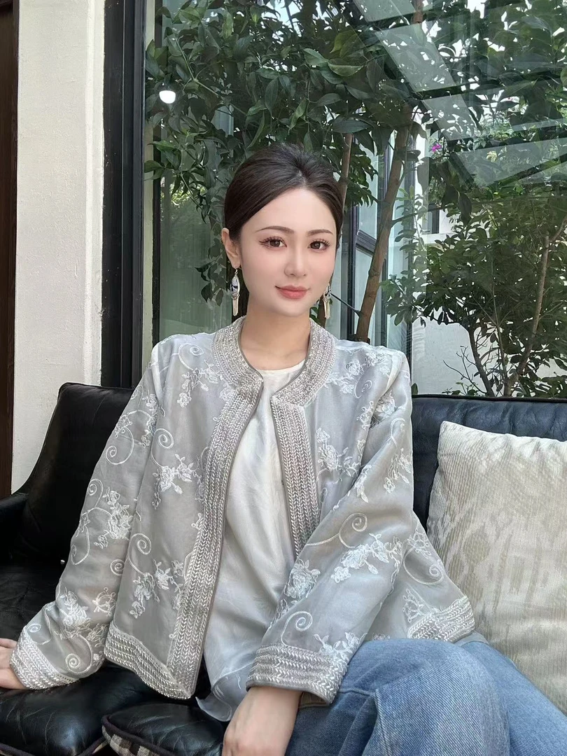 【芳露-依斐私服】新中式中国风-真丝欧根纱刺绣内衬织金亚麻外套