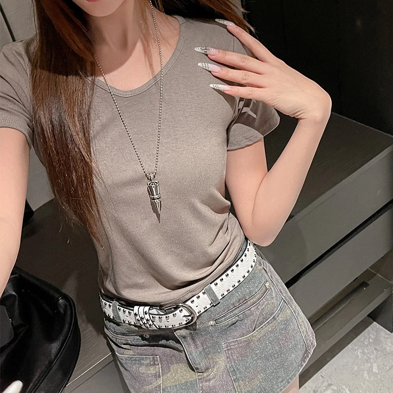 设计感小众T恤2025夏季莫代尔正肩短袖女V领修身显瘦简约时尚