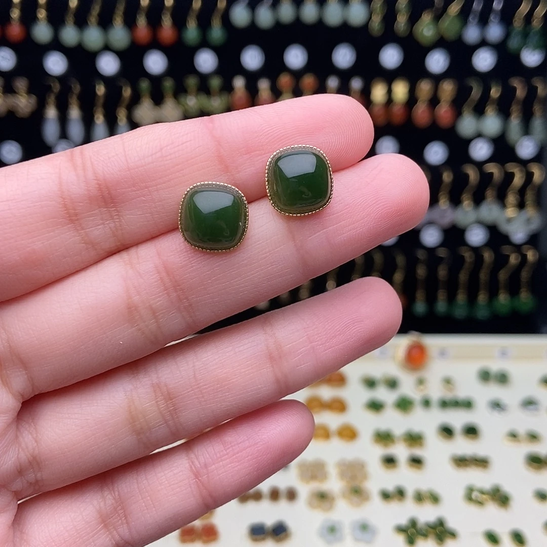 和田玉银S925镀金镶嵌耳饰