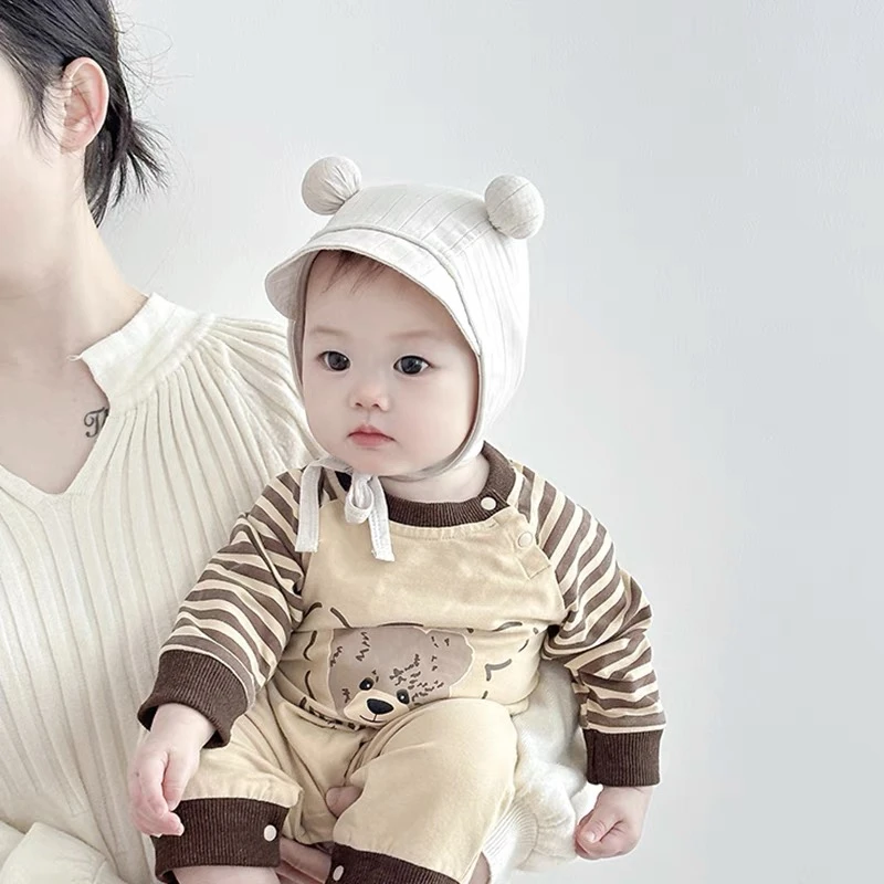 新生儿可爱双球包头帽子春秋季宝宝薄款套头帽男女婴儿护卤门胎帽