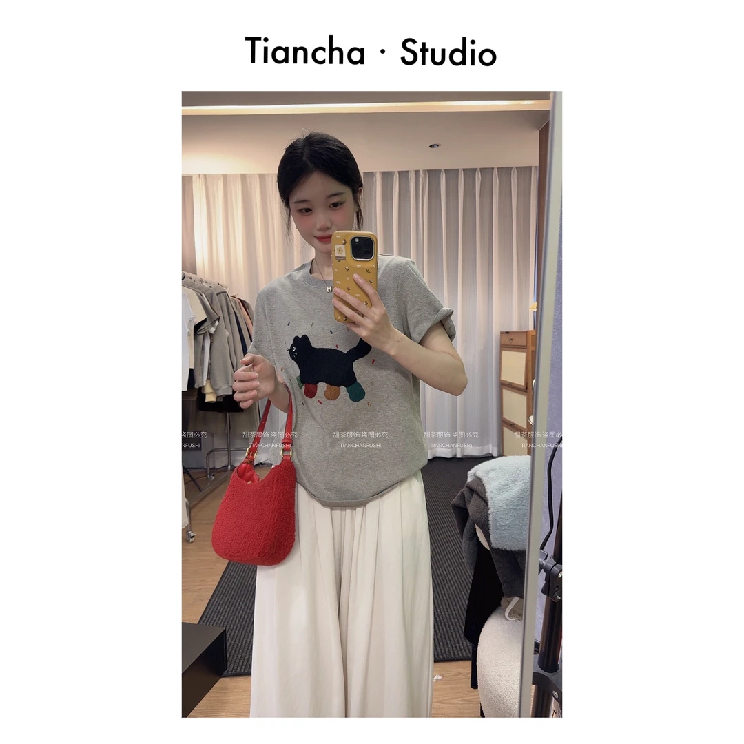 sweet c【七彩猫】M209#春夏新款韩版风正肩短袖T恤女款可爱百搭