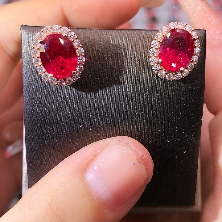 红宝石耳饰银S925镶嵌
