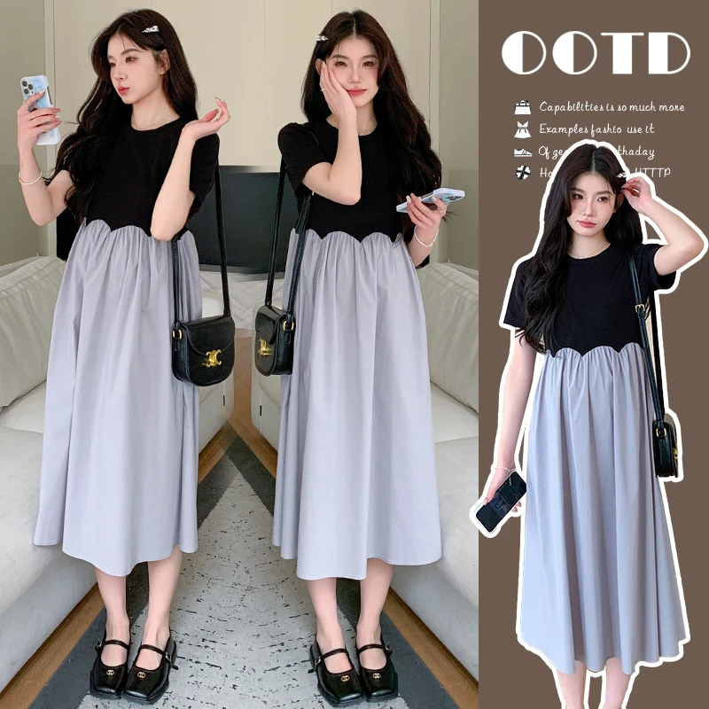2025夏季简约拼接宽松大码孕妇连衣裙显瘦气质洋气时尚中长款韩版