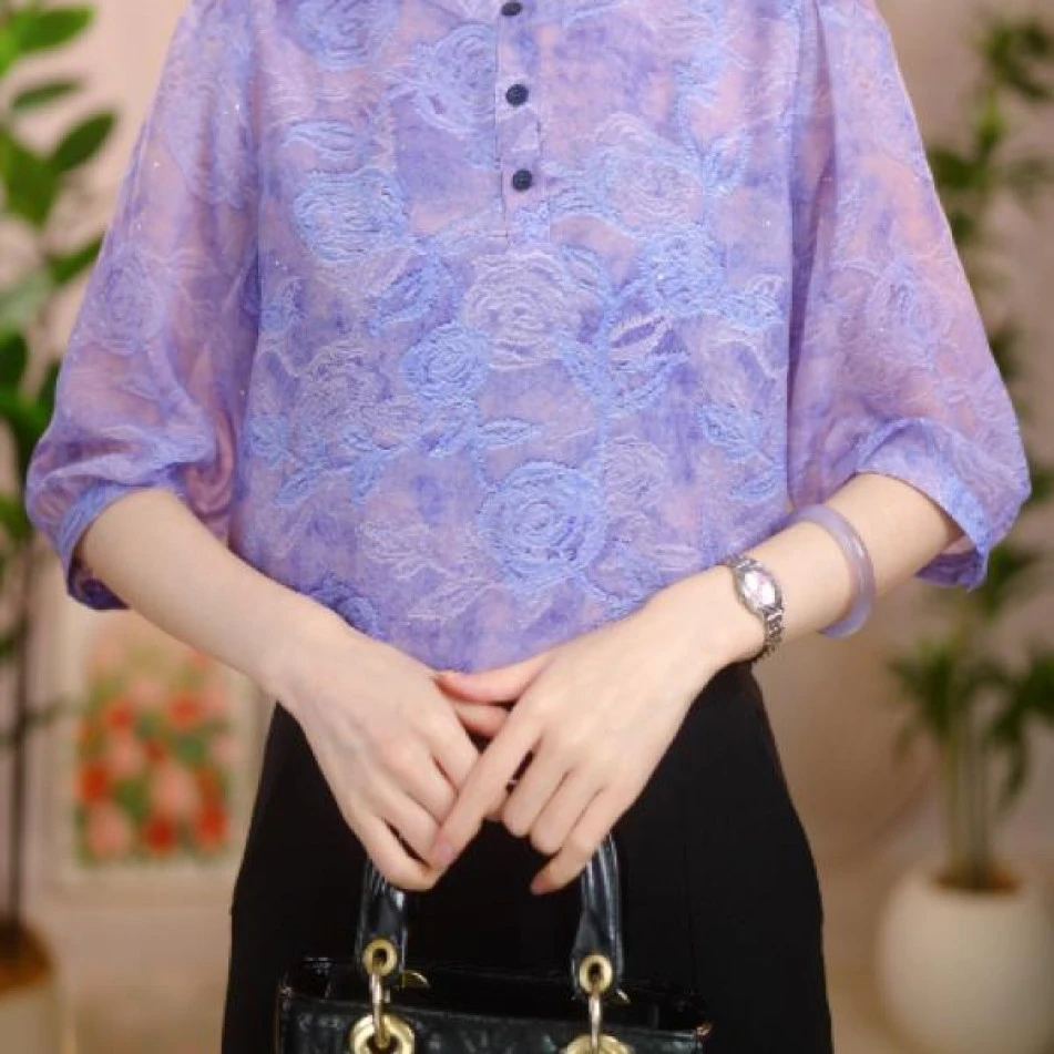 2026时尚新款大码薄款典雅遮肉百搭紫花优雅气质显瘦女衬衫春夏款
