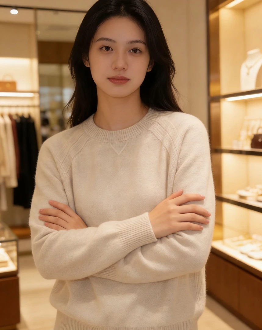 100%山羊绒，倒三角圆领，双股加厚，减龄时尚女