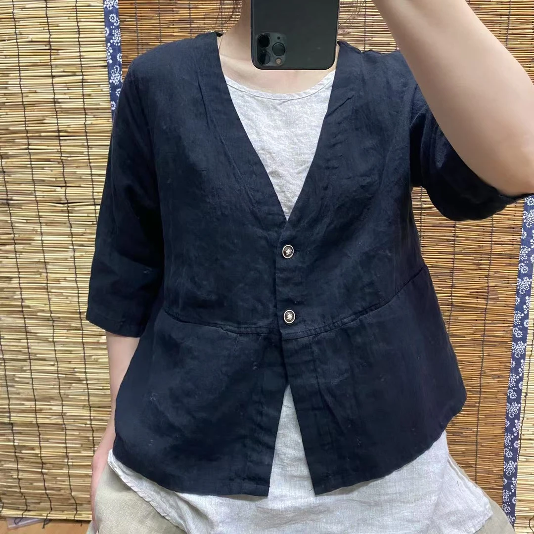 66177干洗麻V领西装外套休闲简约