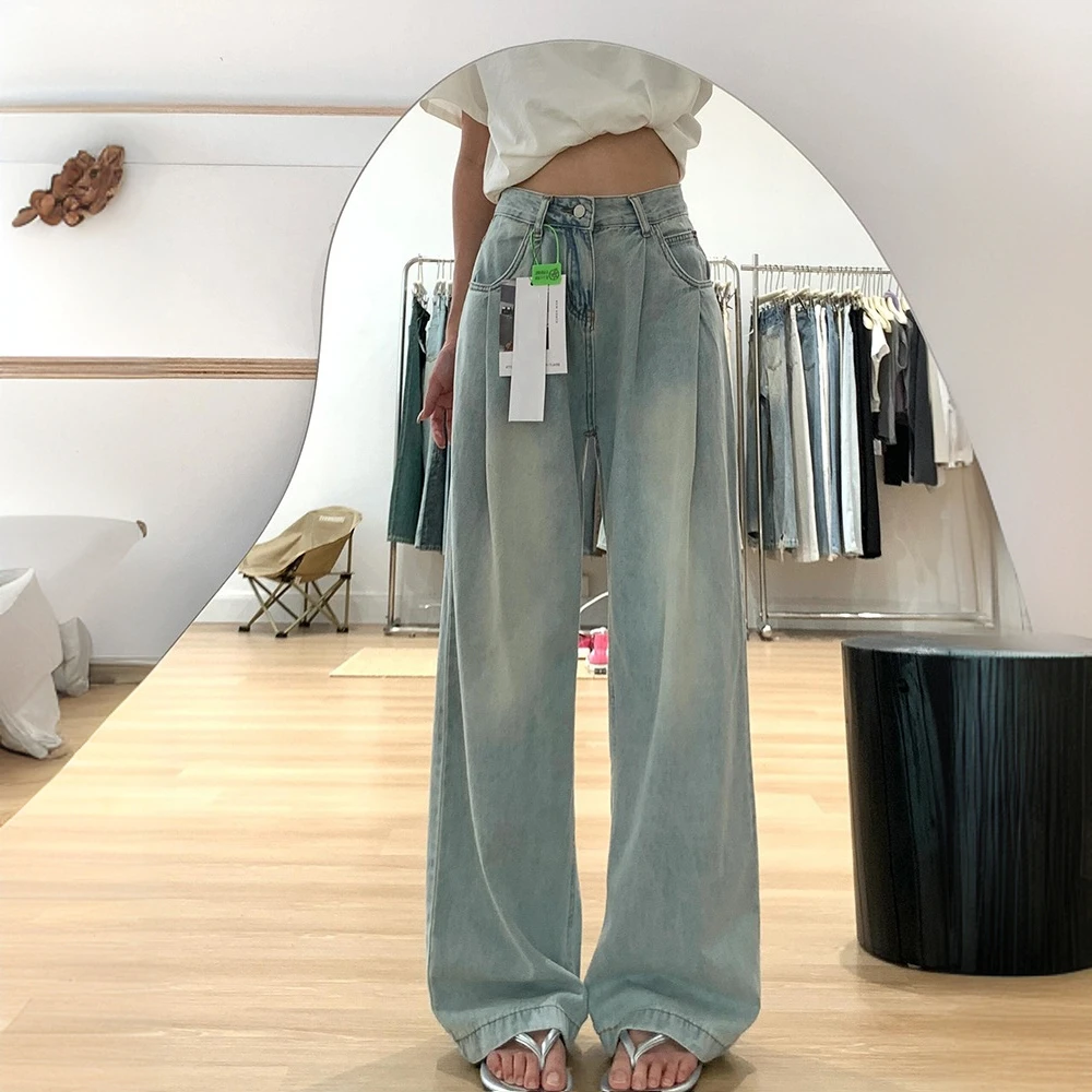 大码女装美式复古褶皱阔腿牛仔裤女胖mm高腰显瘦宽松直筒拖地裤子