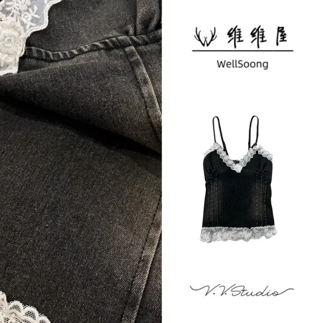 WellSoong•NO退NO换【牛仔蕾丝边吊带】