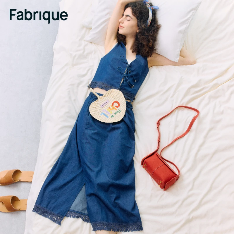 Fabrique牛仔蓝色手工编织流苏马甲半裙套装丹宁风044