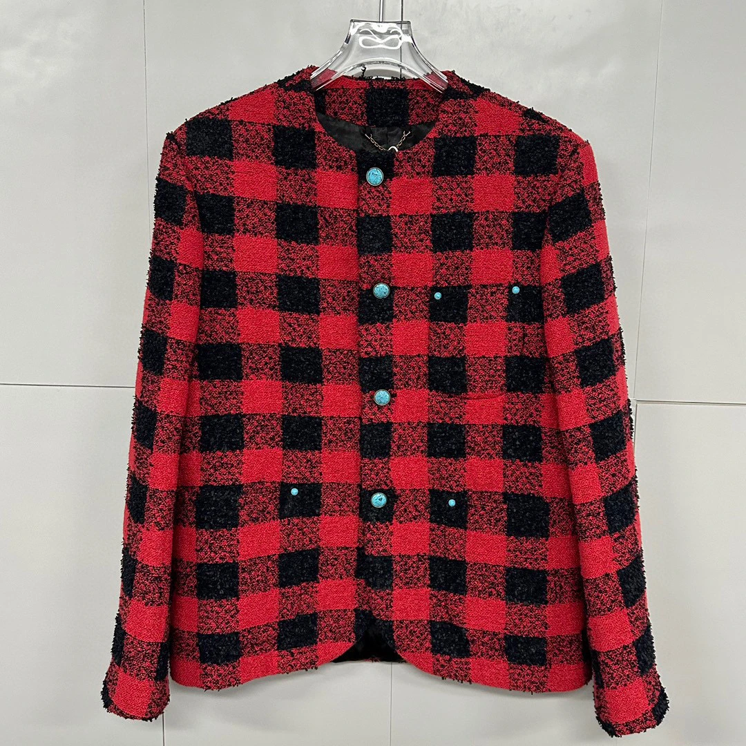 全新未使用  LV SS24 绿松石红黑格外套 48码 D14140