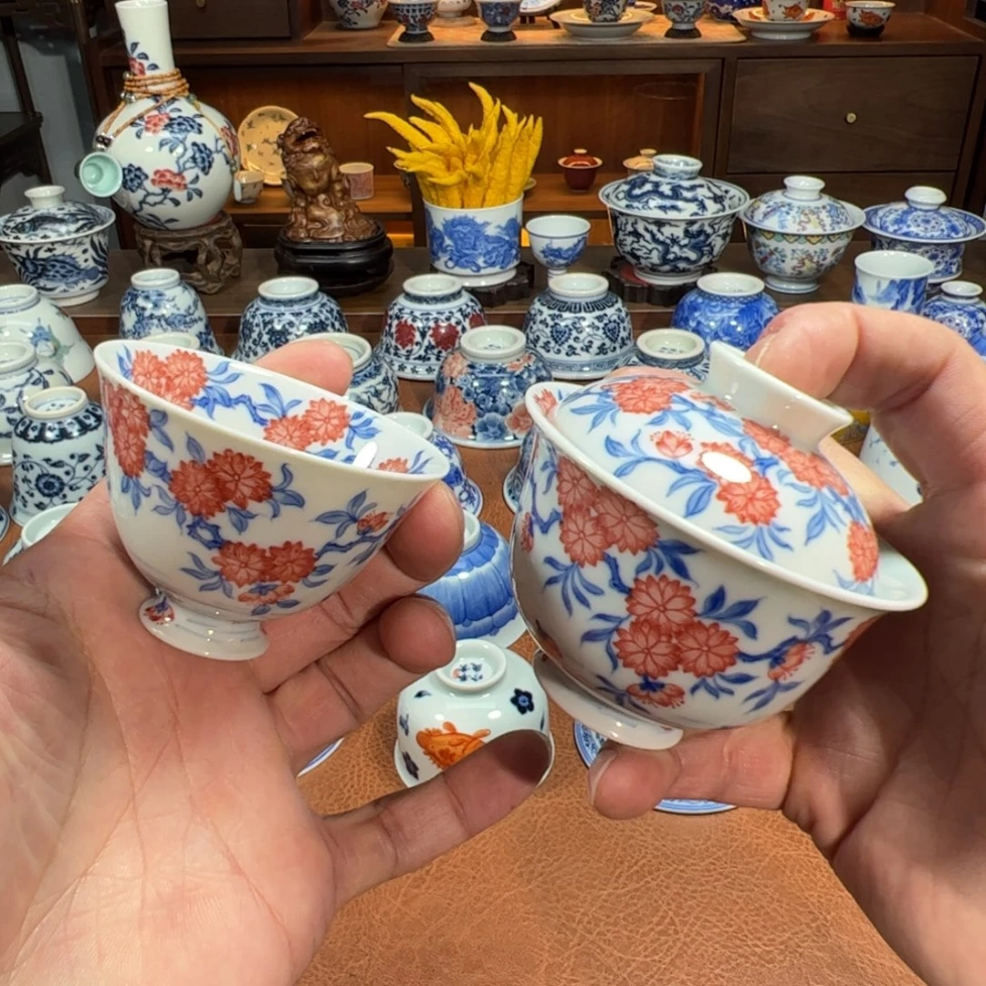 青花釉下红桃花流水盖碗➕杯