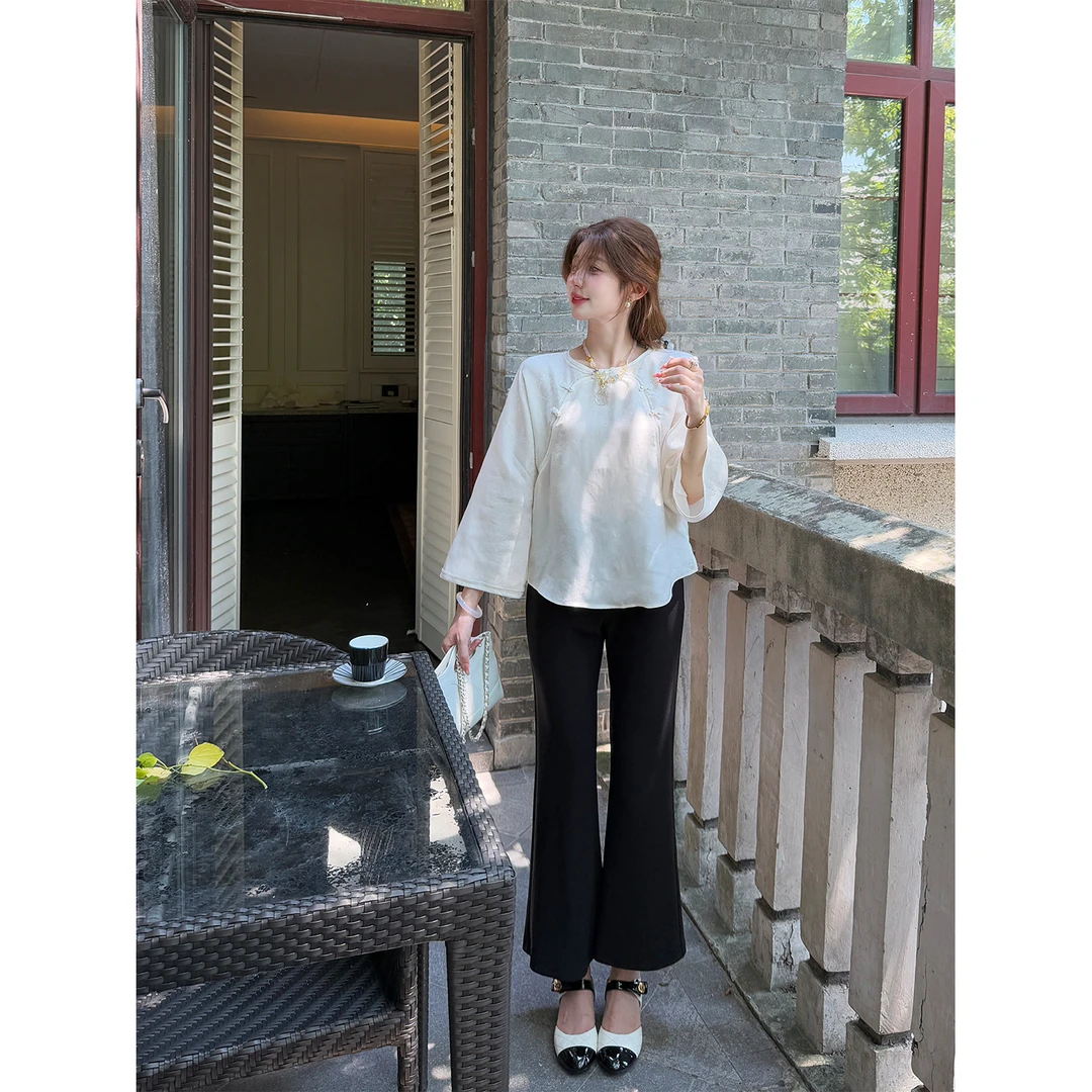 盈瓷黑色高弹透气漫画腿九分喇叭裤女秋季时尚高级休闲裤25FW0157