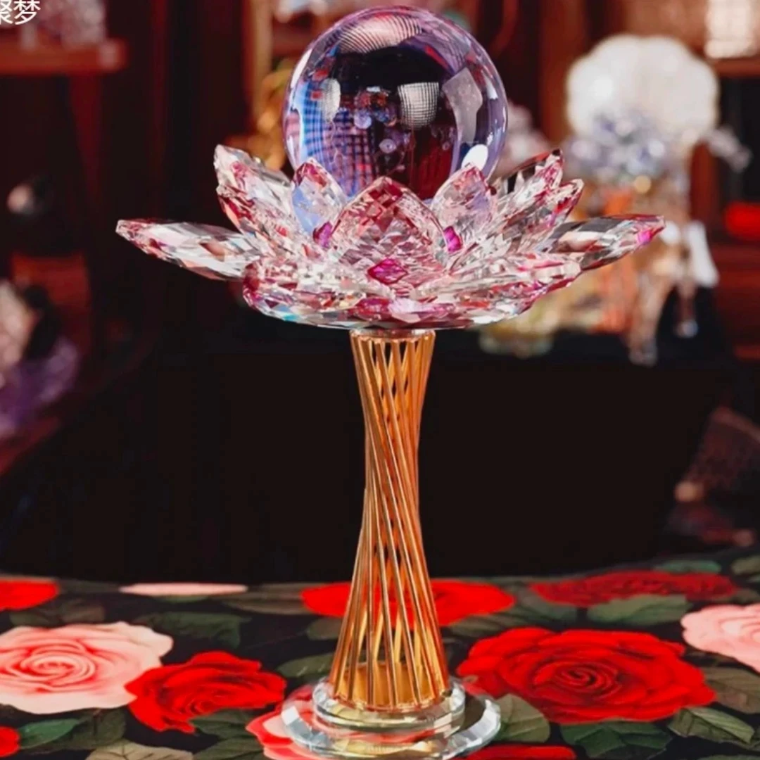 高档掌上明珠水晶球摆件金属莲花底座旋转玄关创意紫色水晶球摆件