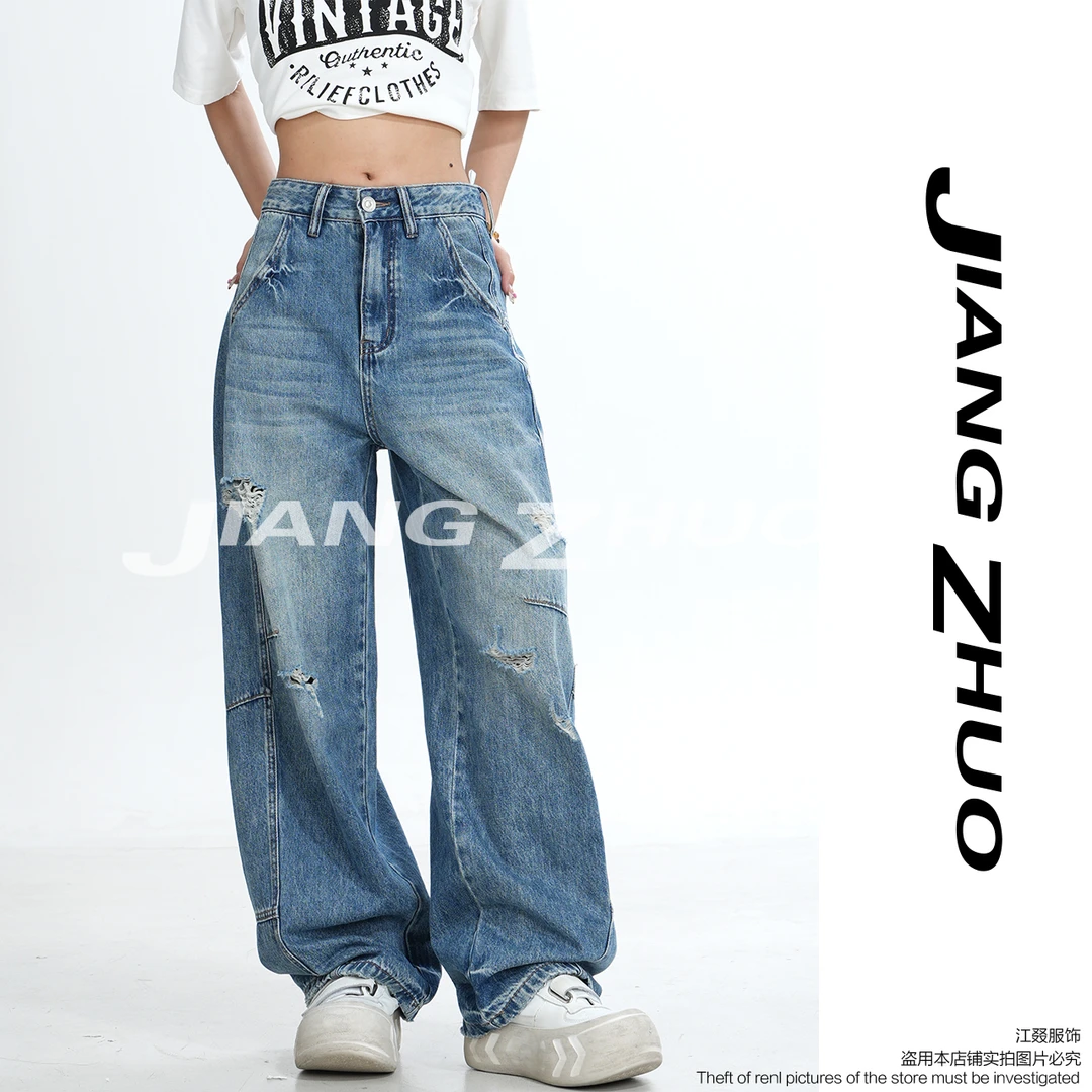 JIANGZHUO【西部牛仔】夏季新款破洞设计高腰弯刀裤