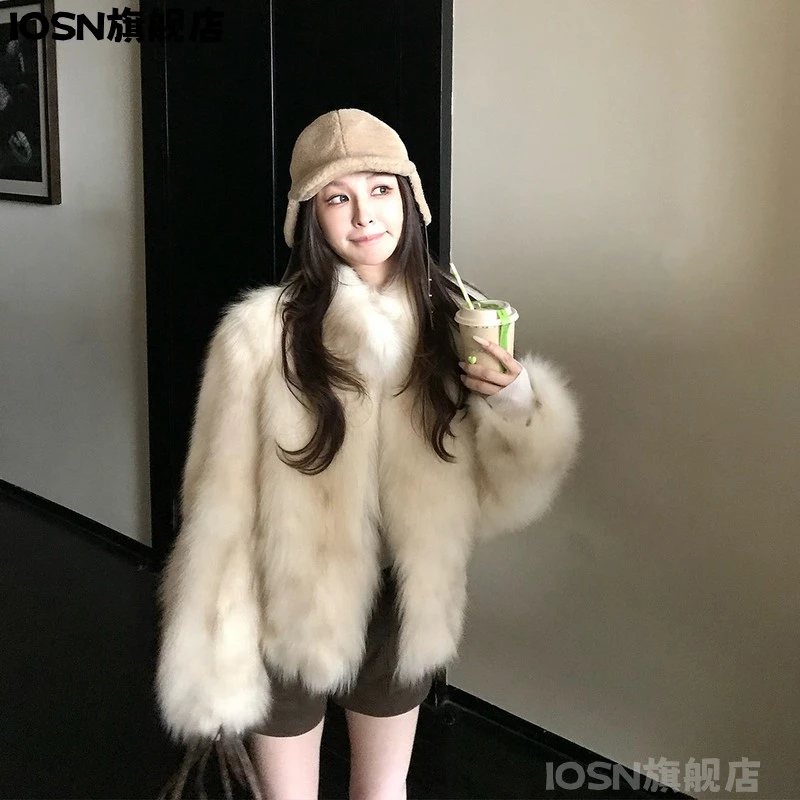 IOSN高级感晕染狐狸毛皮草外套女冬季2025新款皮毛一体立领毛茸茸