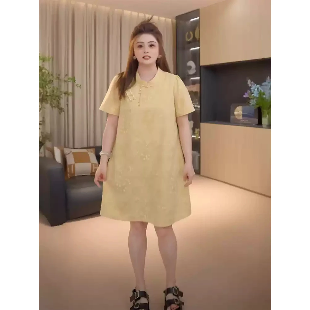 大码旗袍连衣裙夏花盛开短袖绣花旗袍夏季高级感盘扣长裙-JBL6091