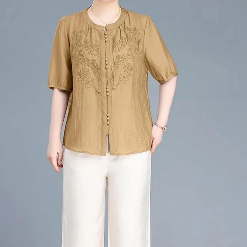 J011新款棉麻洋气国风短袖上衣夏季刺绣小衫