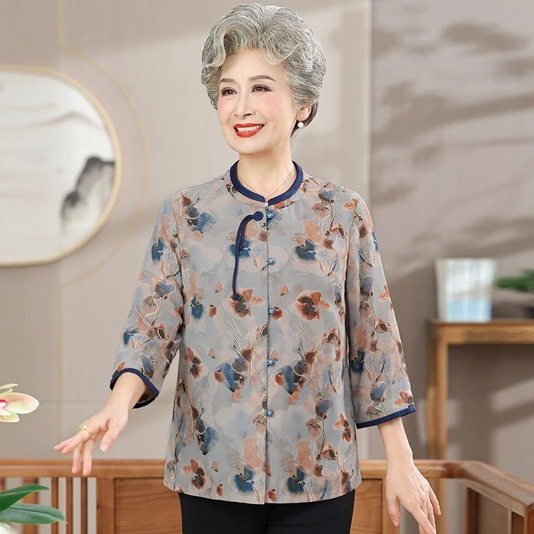 奶奶夏装七分袖衬衫中老年人上衣女妈妈夏季衬衣老太太老人衣服