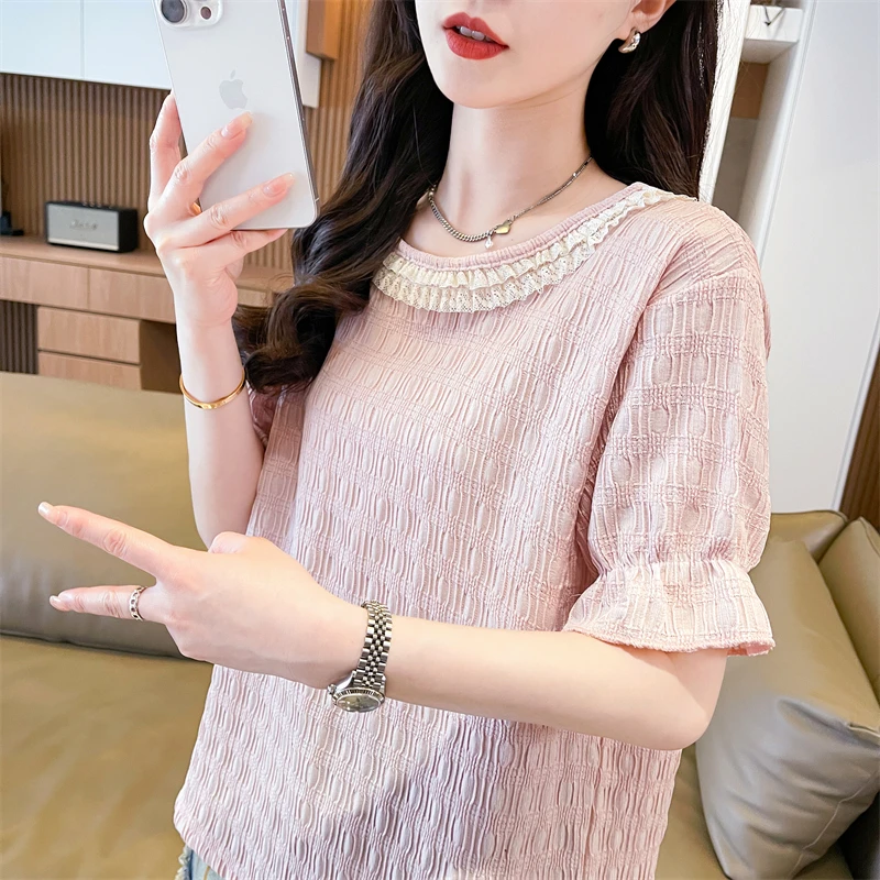蕾丝花边喇叭袖短袖t恤女2025新款夏季韩版宽松设计感小众上衣服