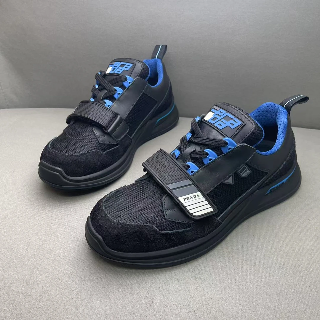 99新 Prada/普拉达 黑色编织网面logo魔术贴时尚运动鞋 41码