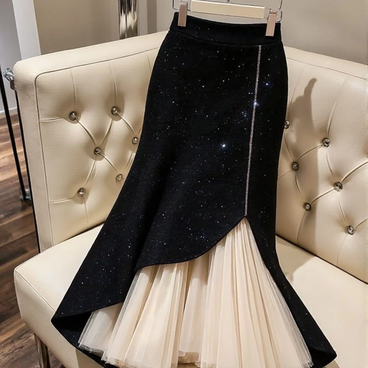 赫本风复古独特时尚拼接网纱裙子2025春秋新款名媛风包臀半身裙