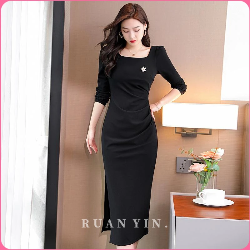 RUAN YIN黑色方领连衣裙女修身显瘦轻奢赫本风通勤ol知性春秋新款