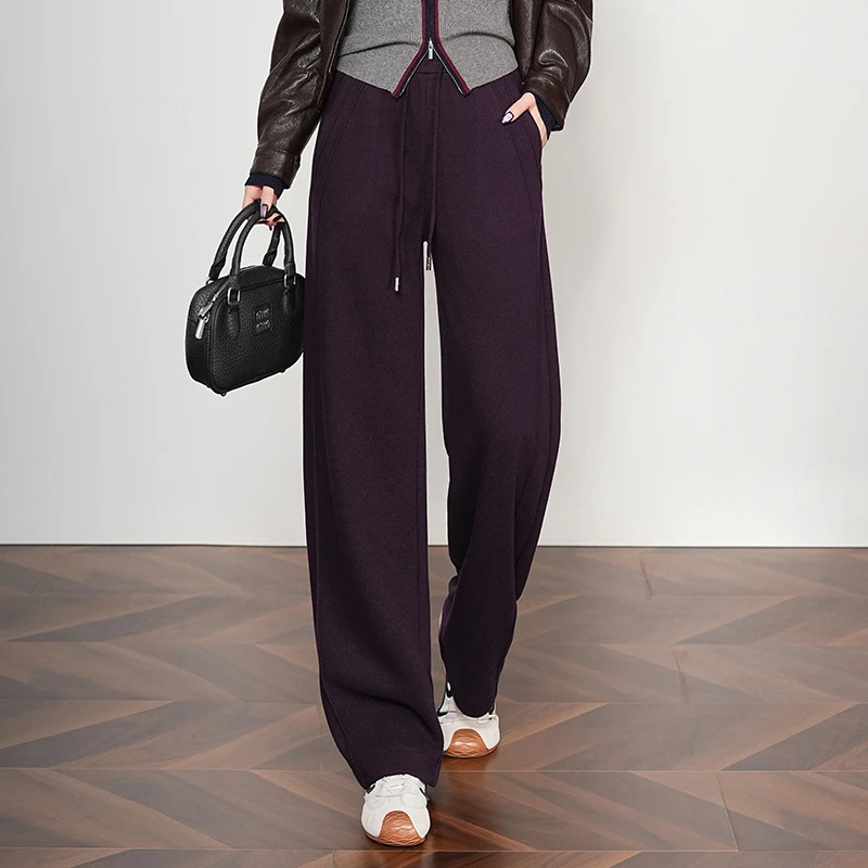 正品高端羊毛窄版弯刀阔腿裤女2025秋冬新款高腰显瘦垂感休闲裤子