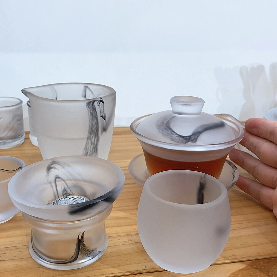 琉璃手工艺品烟雨水墨主人杯套装 带礼盒