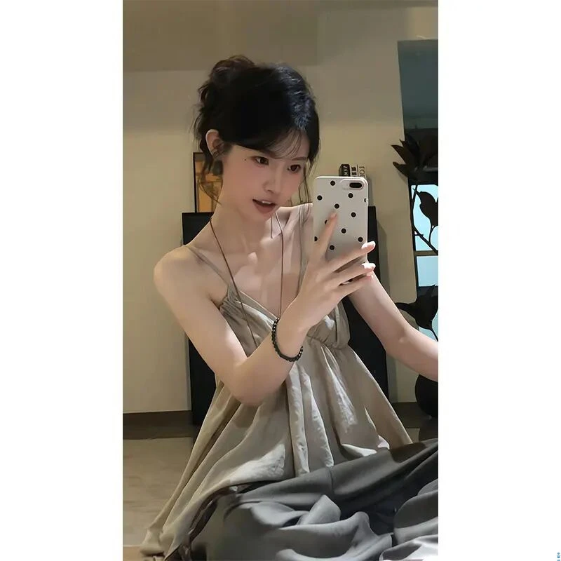 2025新款女士夏季老钱风不规则显瘦高级吊带背心高腰宽松阔腿裤