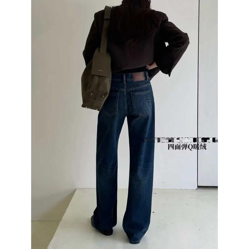 KK 加绒 85881 首发！冬季暖绒 法式蓝高腰窄版直筒阔腿裤~