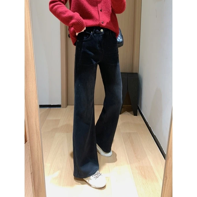 时髦黑灰色微喇牛仔裤女2025秋冬加绒新款梨形身材遮胯显瘦阔腿裤