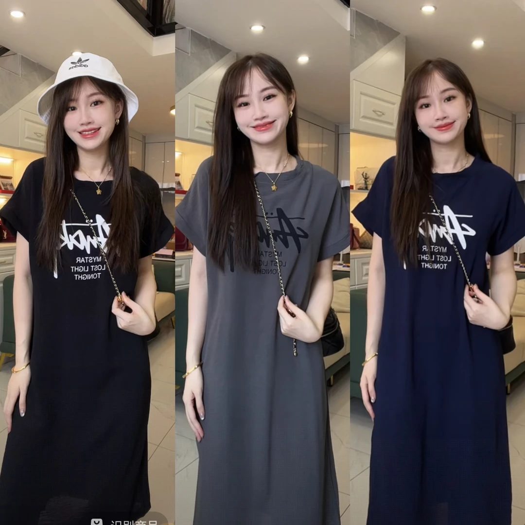 套头短袖女装休闲印花字母夏季连衣裙显瘦