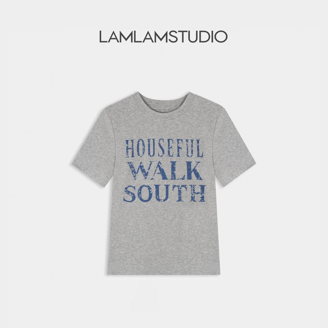 LAMLAM 张一琳“南行漫印”T恤时尚休闲夏季灰色印花圆领L252396T