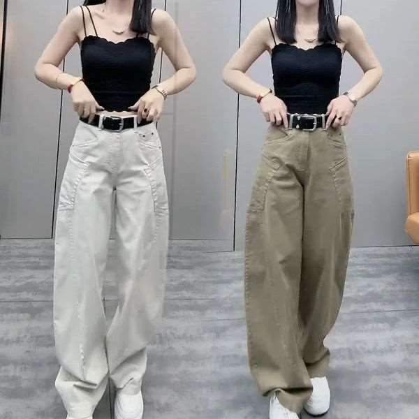 2025秋季新款水洗牛仔棉弯刀拖地裤女洋气百搭高腰显瘦大兜阔腿裤