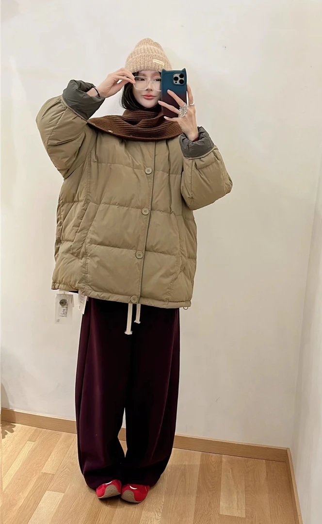小柒-十三行TY#厚款女纯色圆领拼接常规款羽绒冬季休闲i韩版57816