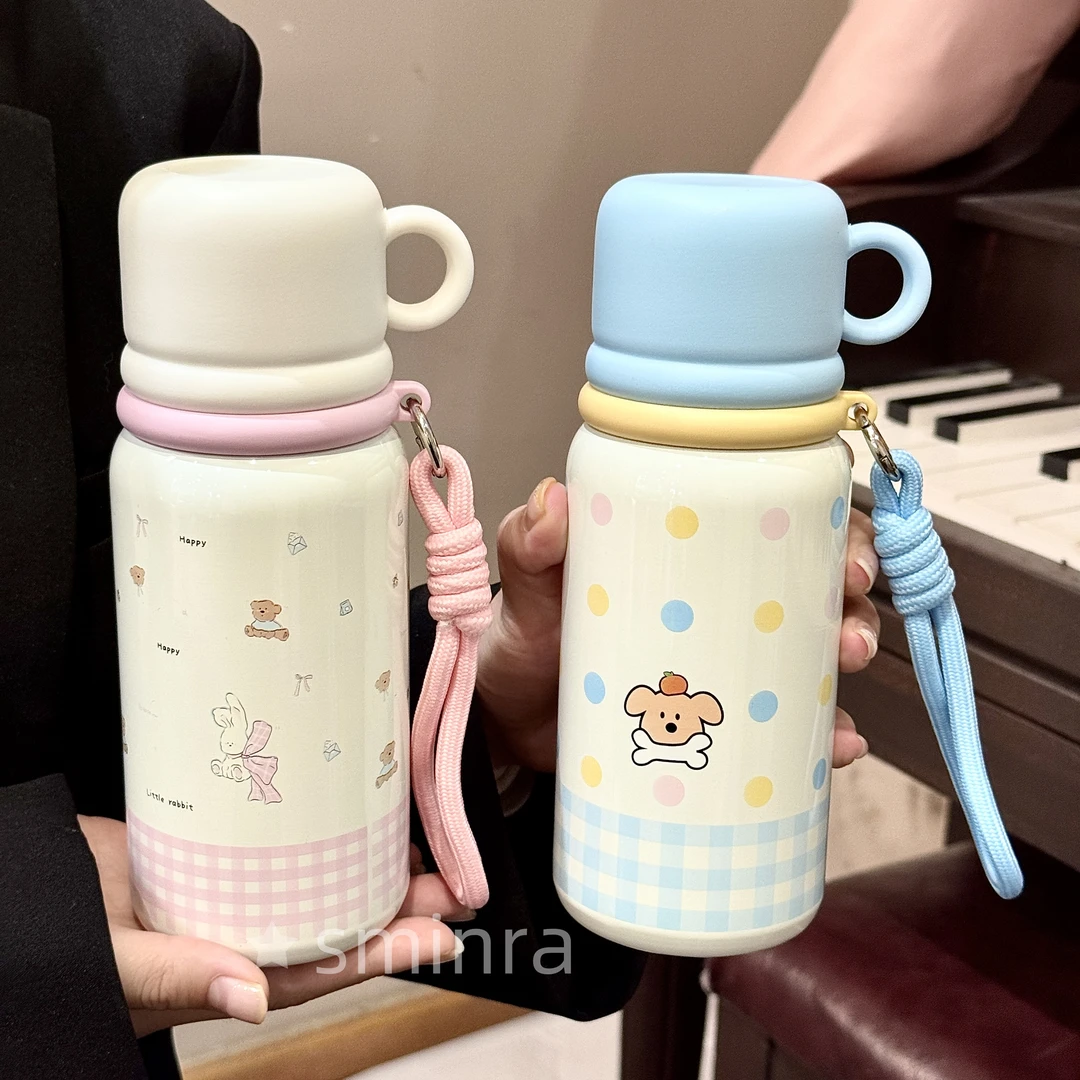可爱保温杯女生高颜值原创学生上学两用吸管杯网红简约儿童水杯男