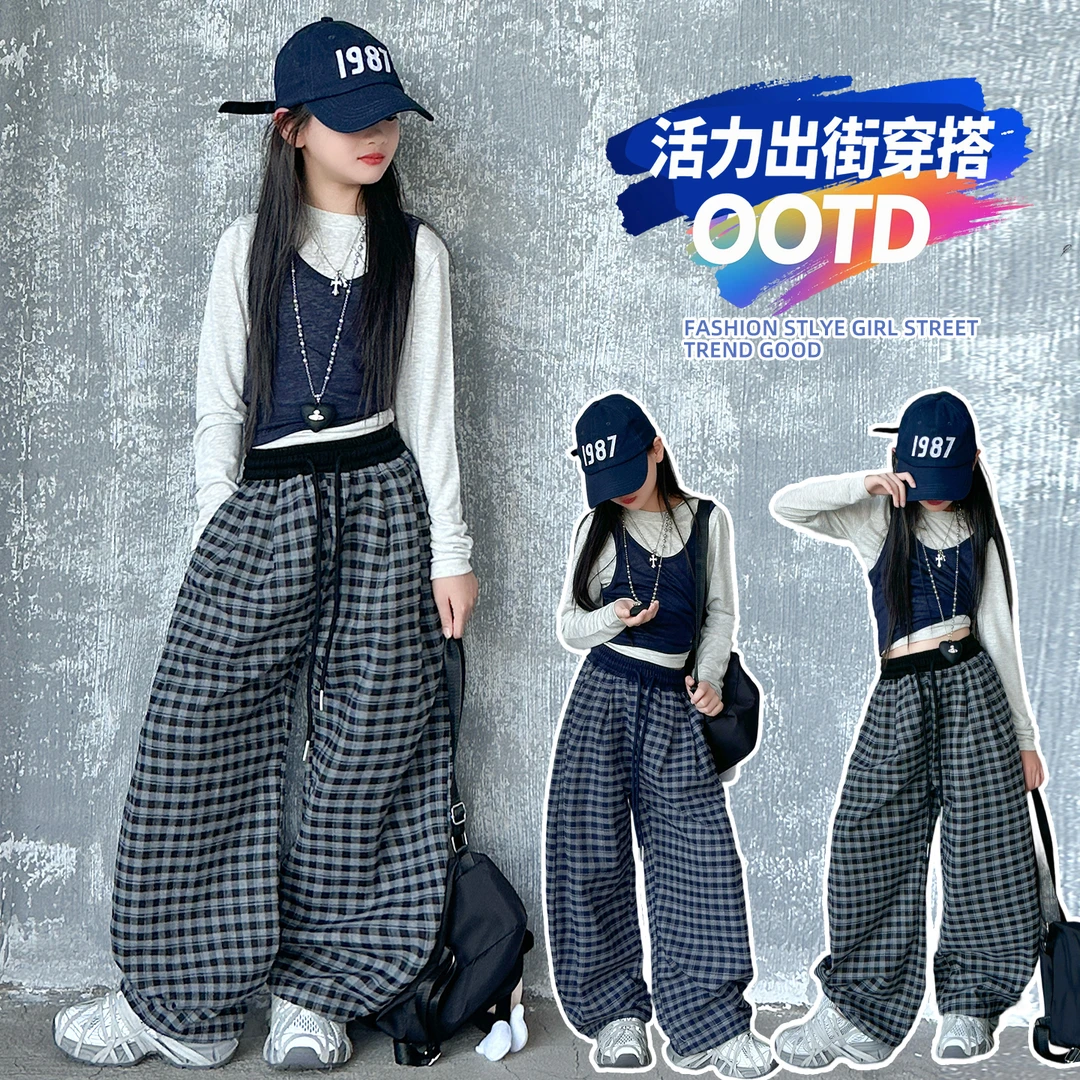 女童经典棋盘格弯刀裤马甲打底衫三件套装2025秋季中大儿童休闲裤